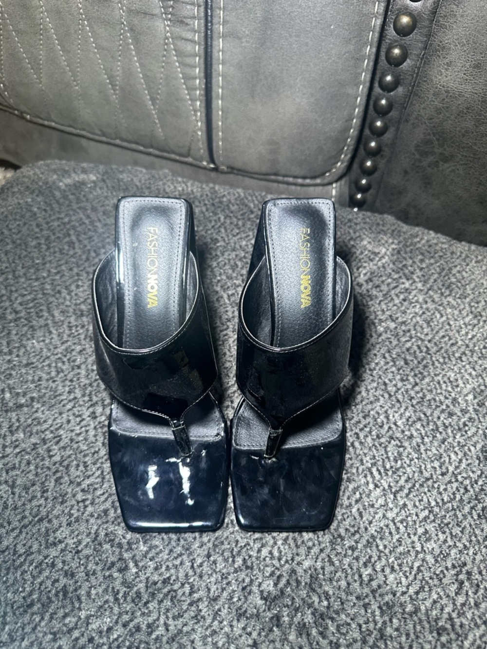 Fashion Nova Black Patent Thong Mule Heels